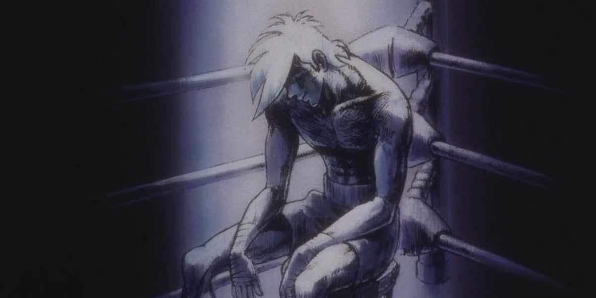 Image finale d'Ashita no Joe 2 — Joe Yabuki épuisé et blanc de lumière
